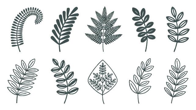A set of 12 minimalist botanical leaf designs arranged in a 3x4 grid, all rendered in dark forest green against a white background (4)_traced