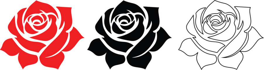 Rose flower set of blooming plant. Garden rose isolated icon of red blossom, petal and bud with green stem and leaf for romantic floral decoration, wedding bouquet and valentine