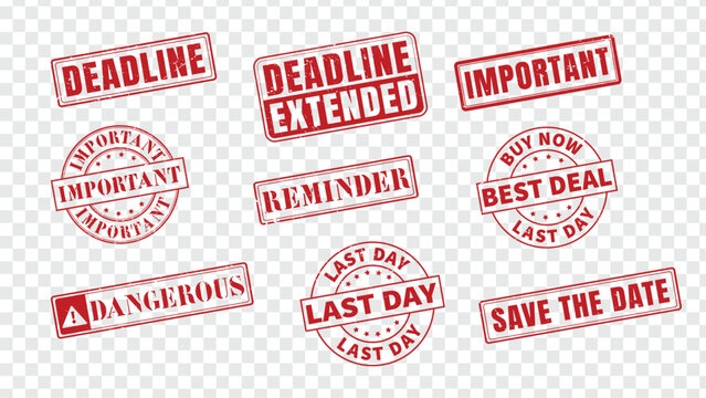 Red grunge rubber stamps with important business messages like deadline, reminder, important, buy now, last day, best deal, dangerous, deadline extended. Isolated on transparent background.