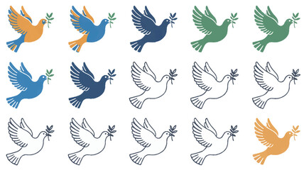 Obraz premium A set of 12 minimalist dove illustrations arranged in a 3x4 grid. Each dove is holding a small green olive branch in its beak (4)_traced