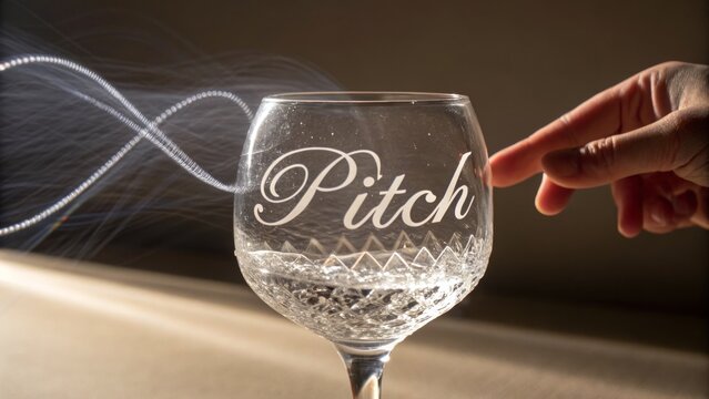 Elegant wine glass etched with the word Pitch, in close up.
