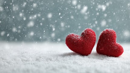 Fototapeta premium Happy day background with two red hearts on white snow