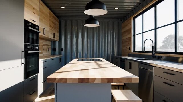 Modern Container Home Kitchen Design With Natural Light And Wooden Accents