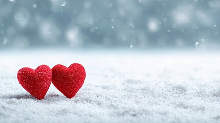 Happy day background with two red hearts on white snow