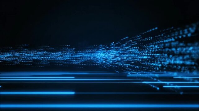 Horizontal lines of light, dark blue background. Dark blue neon digital data stream