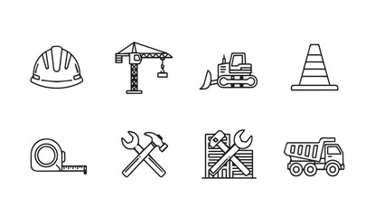 Construction Icons: Safety Helmet, Crane, Bulldozer, Cone, Tape Measure, Tools, Building, Truck © Pias