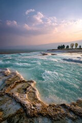 Pamukkale travertine terraces thermal water flowing at sunset