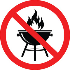 Prohibited barbecue sign with grill icon and red cancel circle for fire safety prevention outdoor camping restrictions park rules and forest protection flat vector illustration.