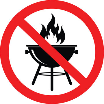 Prohibited barbecue sign with grill icon and red cancel circle for fire safety prevention outdoor camping restrictions park rules and forest protection flat vector illustration.