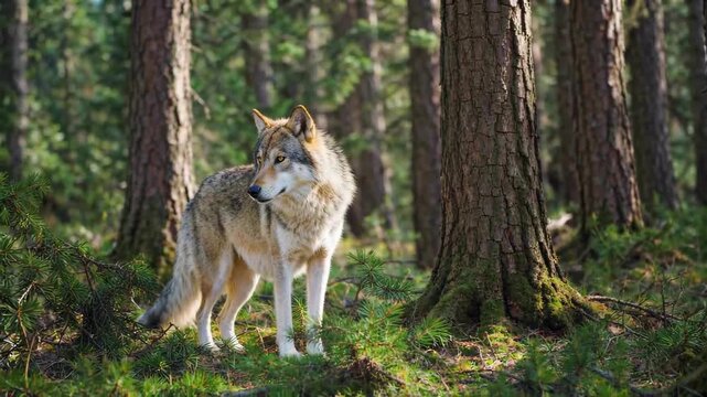 The wolf standing in the forest
