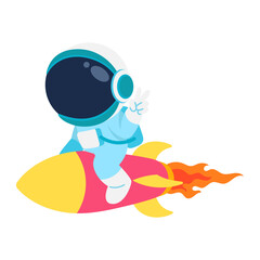 Astronaut Character Riding Rocket Ship Giving Peace Sign Illustration