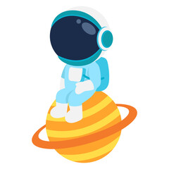 Astronaut Character Sitting on Saturn Illustration