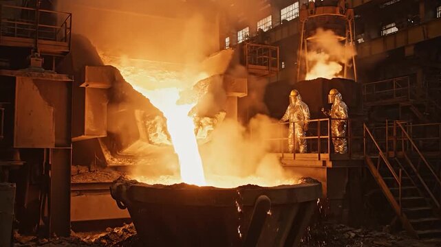Molten metal pouring from a furnace, two workers in protective gear. Industrial environment