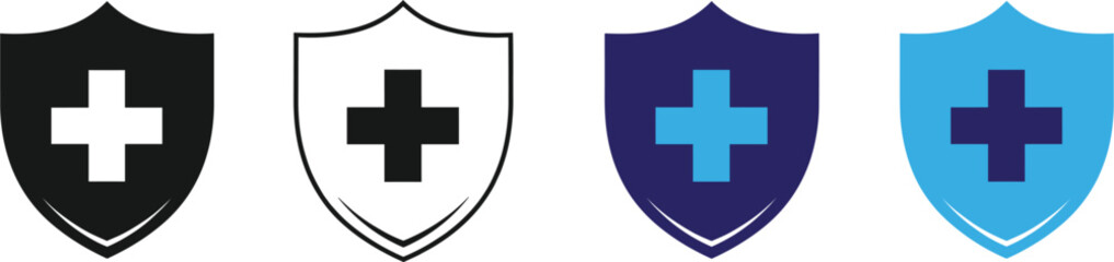 Obraz premium Medical health insurance shield icon set with cross symbol for healthcare protection, safety security concept, clinic hospital emergency service web design elements, isolated flat vector illustration.
