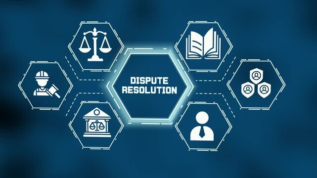 Dispute resolution concept with legal icons and professional text for arbitration and mediation.