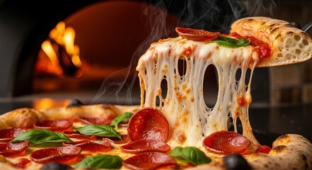 Delicious pepperoni pizza with melted cheese being lifted from a wood fired oven