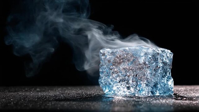 A chunk of ice emits wispy vapor against a black backdrop, reflecting the cold blue light