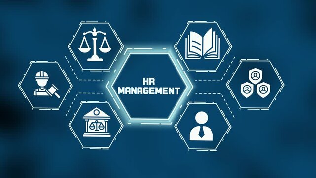 HR management and human resources strategy concept with legal compliance, workforce planning and corporate policy icons.