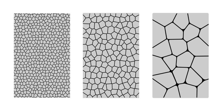 Set of cobblestone patterns. Street pavement or park road textures. Stones or pebbles backgrounds. Floor or wall mosaic tile structures. Ancient building surfaces. Vector flat illustration.
