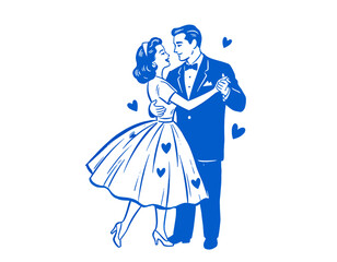 Retro dancing couple illustration, 50s vintage romance, ballroom dance vector, blue wedding silhouette, sweet love hearts, mid-century pop art style