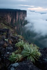 Mount roraima tepui with waterfall and dramatic clouds