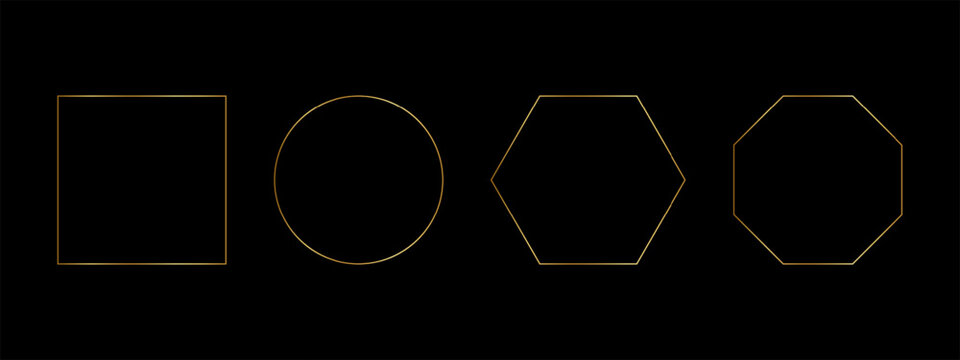 Set of golden square, round, hexagon and octagon frames isolated on white background. Shiny luxury geometric borders. Design elements for banners, greeting or wedding cards. Vector illustration.