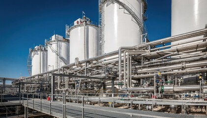 Obraz premium Medium shot of towering white bleaching towers with intricate piping maze showcasing industrial scale and structural complexity during clear daylight.