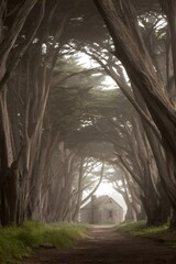 Cypress tree tunnel framing a stone cottage on a foggy day