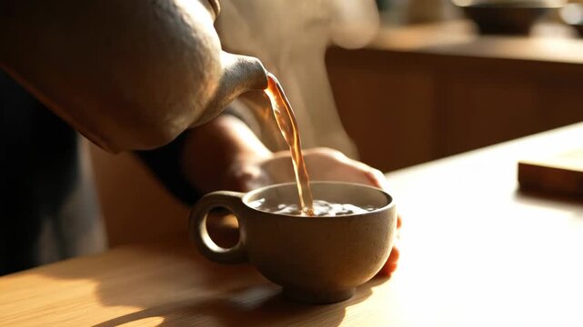 A close-up shot captures a hand pouring a warm, comforting hot tea into a ceramic mug with rising steam on a bright, wooden table indoors.