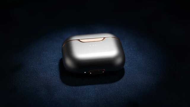 A close-up shot of a sleek, silver earphone case set against a dark backdrop, exuding a sense of modern technology and minimalist design