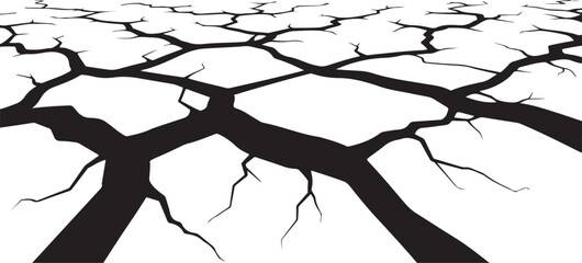 Fototapeta premium Cracked earth with deep black fissures on white background