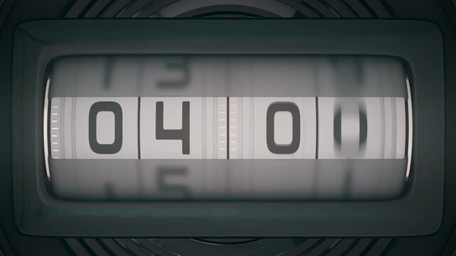 Retro mechanical drum clock rolling rapidly through a full 24-hour cycle. Seamless loop of an odometer-style timer ideal for concepts of passing time, deadlines, and daily schedules.