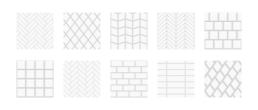 Set of tile metro and herringbone patterns. White ceramic or stone wall textures. Kitchen backsplash or shower floor backgrounds. Interior or exterior surface mosaic decorations. Vector illustration.