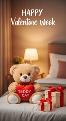 Teddy bear holding heart on bed with gifts for valentine's day celebration