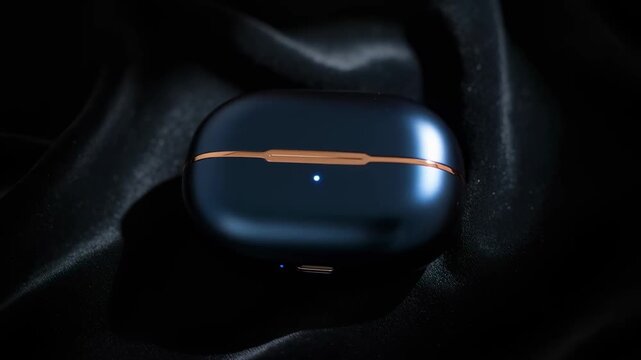 Elegant earphones charging case on dark fabric, ideal for tech themes and designs
