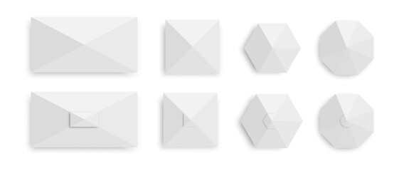 Set of tents in top view. Gazebo umbrellas in rectangular, square, hexagonal, and octagonal shapes. Beach sunshades. Market canopy mockups isolated on white background. Vector realistic illustration. © vikusha_art