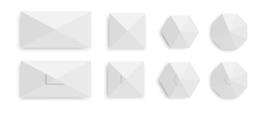 Set of tents in top view. Gazebo umbrellas in rectangular, square, hexagonal, and octagonal shapes. Beach sunshades. Market canopy mockups isolated on white background. Vector realistic illustration.