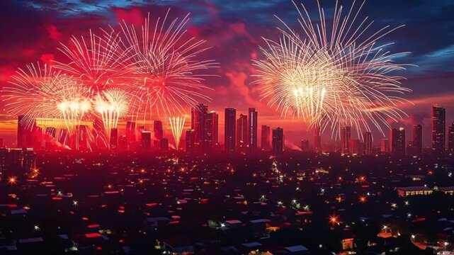 Aerial view of a city skyline at night with vibrant fireworks exploding in the sky, colorful lights illuminating the buildings and streets below, against a dark blue and orange cloudy sky.