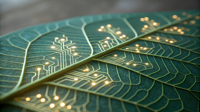 A close up leaf showing circuits glowing digitally