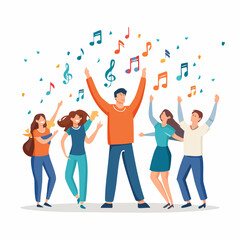 Obraz premium Group of Young Friends Celebrating with Musical Notes Illustration