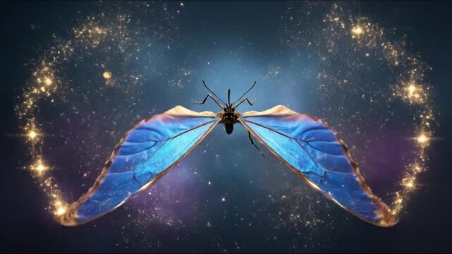 A vibrant butterfly with radiant wings, a celestial design with a dark blue and gold color scheme