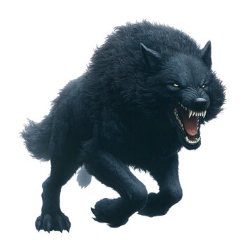 A snarling black mythological wolf lunges forward isolated on white