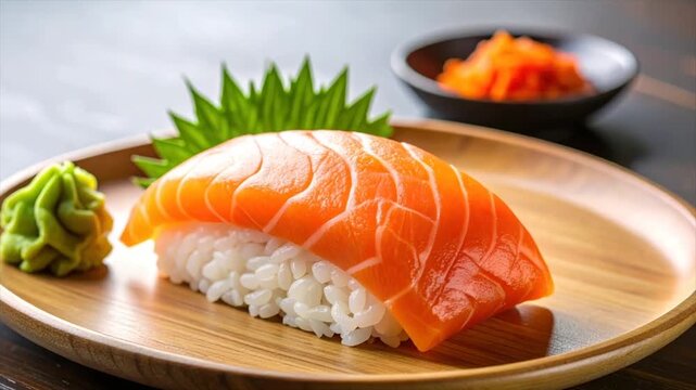 Sushi nigiri with salmon on wooden plate, wasabi, garnish, and side of pickled ginger