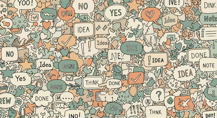 Obraz premium A vibrant and detailed illustration of numerous speech bubbles and thought clouds depicting a brainstorming session or a flurry of ideas and communication.