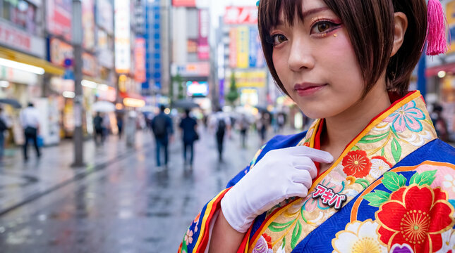 Japanese cosplayer woman in anime costume on akihabara street tokyo youth culture background copy space gaming entertainment lifestyle