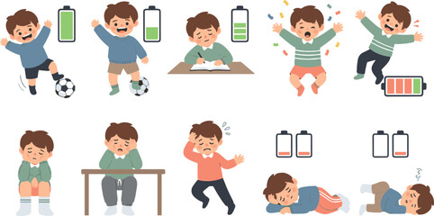 Fototapeta premium Kid Energy Level Vector Set with Battery Icons Showing Active, Studying, Playing, Tired and Sleeping Child Daily Activity States