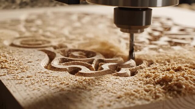 A CNC machine precisely carves ornate patterns into a wooden surface, creating a detailed design