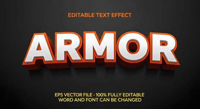 Editable text effect armor in 3d with orange and white letters on black background vector graphic design element
