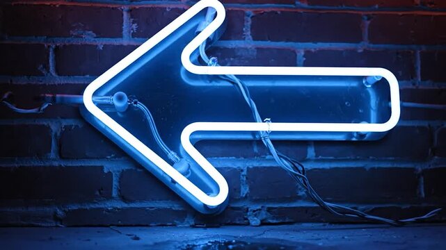 Blue neon arrow sign pointing left against a brick wall, with exposed wires
