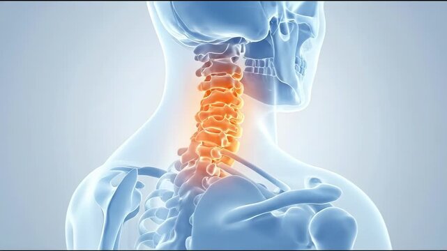 3d rendering of human cervical spine anatomy with highlighted area, suitable for medical education, healthcare promotion, chiropractic display, and physical therapy resources.